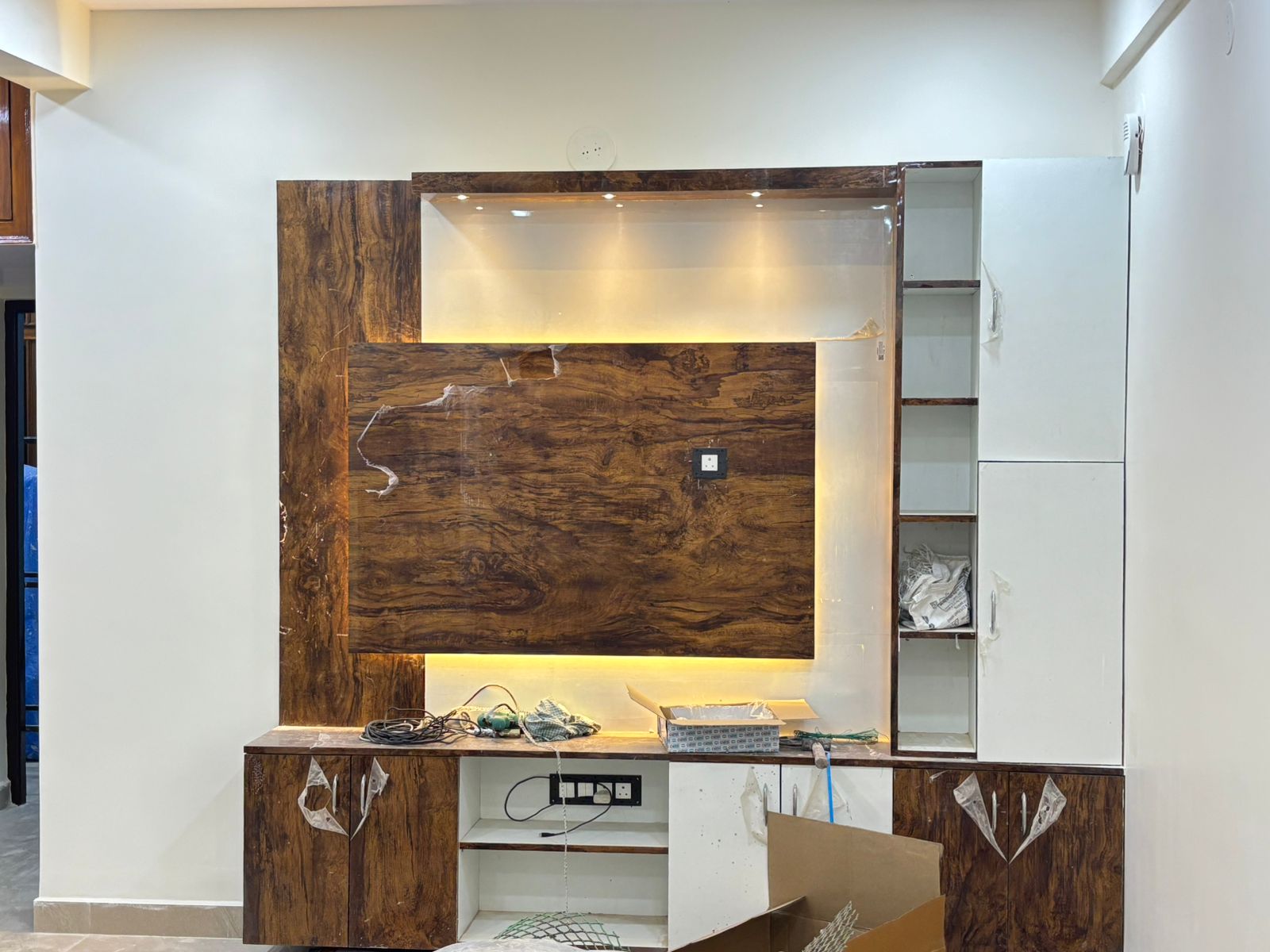 TV Unit with Wooden and White Cabinets